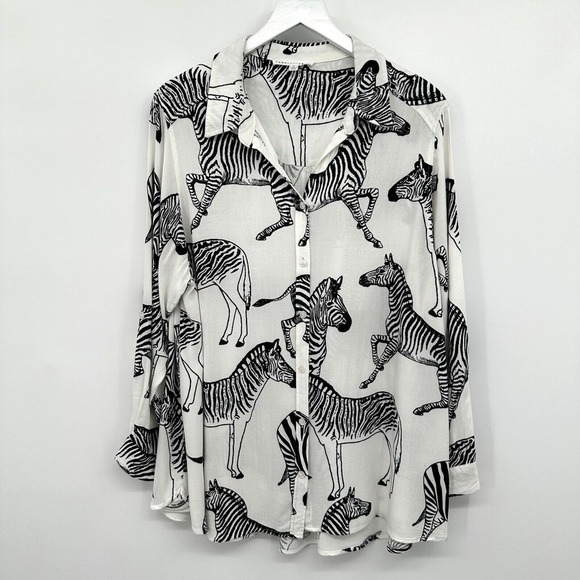 Jane & Delancey Tunic Top Shirt Blouse 1X Zebra‎ Stretch Button Up Long Sleeve - Picture 1 of 14